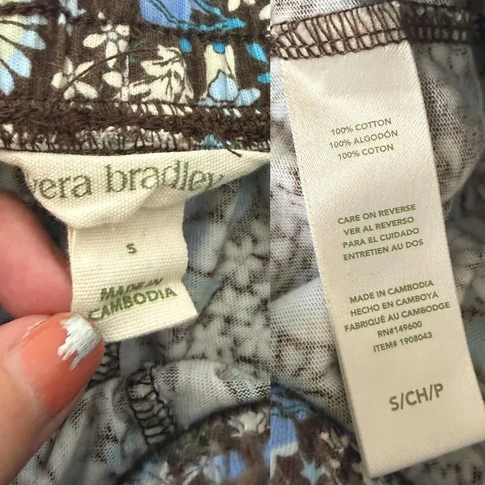 Vera Bradley 100% Cotton Forest Notch Collar Pajama Set Blue Brown Size S